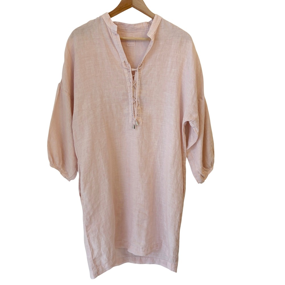 120% Lino Linen Lace Up Tunic Dress Women S IT 42 Pink Resortwear Beach Coverup